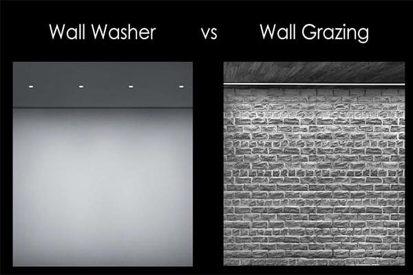 A building facade showing the difference between wall washing and wall grazing lighting techniques